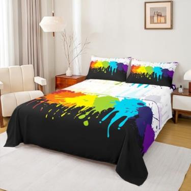 Imagem de Erosebridal Lençóis De Cama Com Tie-Dye Arco-Íris Tamanho Queen, Conjunto Coloridos Respingos Tinta Multicolorida, Grafite Luxo, Decoração Arte Abstrata Moderna Para Dormitório, Preto E Branco, Micr