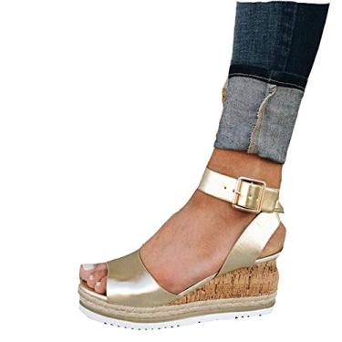 Imagem de Bigfanshu Sandália anabela feminina boca de peixe aberta fivela tira de borracha dourada tornozelo PU sólido sapatos de salto alto, Ouro, 35 BR