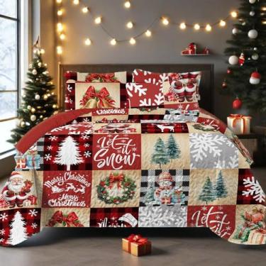 Imagem de Conjunto de colcha queen com estampa de boneco de neve, Papai Noel, Papai Noel, conjunto de colcha com 2 fronhas para todas as estações, colcha de microfibra macia (floco de neve, Queen 228 x 228 cm)