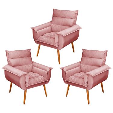 Imagem de Kit 03 Poltronas Decorativas Modernas Sala e Recepção Monza Pés Palito Veludo Rosé - Desk Design