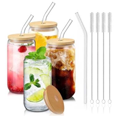 Imagem de DAMCONME Conjunto de 4 copos de vidro com tampas e canudos, copos de café gelado estéticos para mulheres, amigos ou casais – Utensílios reutilizáveis para cozinha doméstica e uso diário