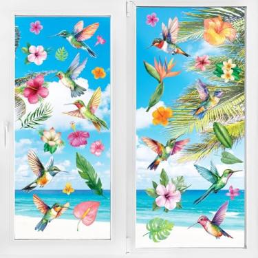 Imagem de Qaxrocyn 48 peças de adesivos de janela de beija-flor e flores tropicais – 5 folhas de decalques de aquarela de vinil removíveis para decoração de porta de vidro, janela e parede, adesivos de pássaros