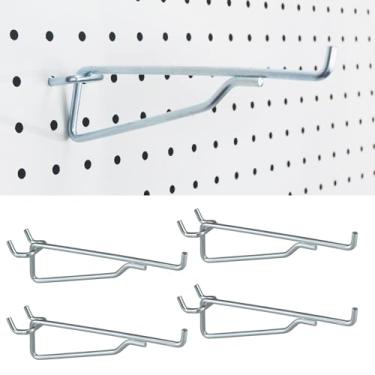 Imagem de Ganchos de prateleira Pegboard, pacote com 4, conjunto de ganchos utilitários de metal de 15 cm, acessórios organizadores de placa de pino de 1/10.2 cm, suportes de prateleiras e cestos, suporte de