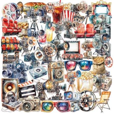 Imagem de 50 peças de adesivos vintage para projetores de filmes, câmera transparente, retrô, cinema, estética, scrapbook, decalques à prova d'água, adesivos de PET para diários, laptops, cadernos, artesanato