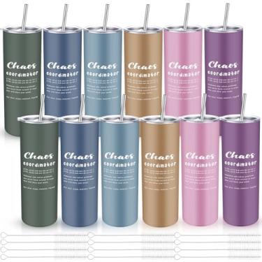 Imagem de Geiserailie Conjunto de 12 copos Chaos Coordinator com canudo de metal e tampa 590 ml, presentes de agradecimento para professor, agradecimento, chefe, colega de trabalho, conselheiro, equipe de
