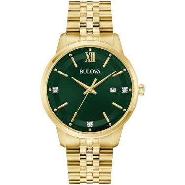 Imagem de Bulova Relógio masculino clássico de diamante, relógio de quartzo com 3 ponteiros, pulseira de aço inoxidável, 41 mm, Mostrador dourado/verde