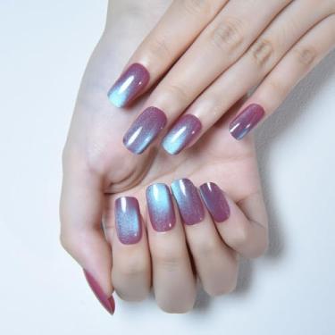 Imagem de Prensa de olho de gato refletiva azul aqua nas unhas quadradas médias, quadradas médias, cola gelatinosa cromada, azul, holográfica, glitter, brilhante, reutilizável, gelatinosa, unhas falsas, com