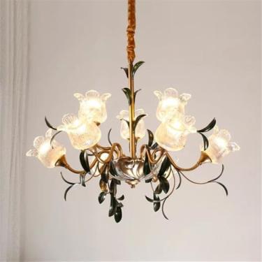 Imagem de Lustre Pastoral Americano com Criatividade Francesa e Flores para Sala de Estar, Sala de Jantar, Quarto, Escritório, Casa de Campo ou Escada - Luminária Pendente LED (9 Lâmpadas E)