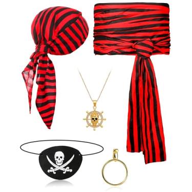 Imagem de Didaey Conjunto de 5 peças de acessórios de fantasia de capitão pirata olho de pirata faixa grande faixa de cabeça colar brinco para mulheres e homens, Preto e vermelho, Tamanho Único