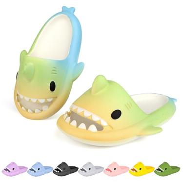 Imagem de LUYOO Chinelos infantis com nuvem de tubarão | Sandálias para meninos e meninas | Chinelos de praia infantis | Chinelo de peixe juvenil para banho de piscina, Amarelo arco-íris, 33-34