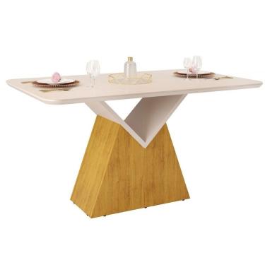 Imagem de Mesa de Sala Jantar Argo c/Tampo Madeirado Vidro Curvo 136x90cm Cedro/Off White/Off White - DJ Móveis