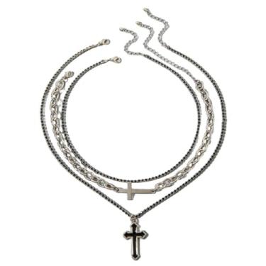 Imagem de RTY Colar de cruz preta para homens, colar com pingente de cruz empilhada em camadas, prata esterlina, gargantilha de cruz para mulheres, joias empilháveis modernas