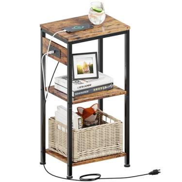 Imagem de Mesa lateral com estação de carregamento, mesa de cabeceira com portas USB e tomadas, mesa lateral alta com 3 prateleiras de armazenamento, pequena mesa de entrada para sala de estar, quarto, sofá