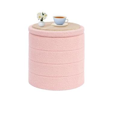 Imagem de CAIPINFUL Pufe redondo de 43 cm com armazenamento, mesa de centro boucle otomana, apoio para os pés para corredor, sala de estar, quarto - rosa