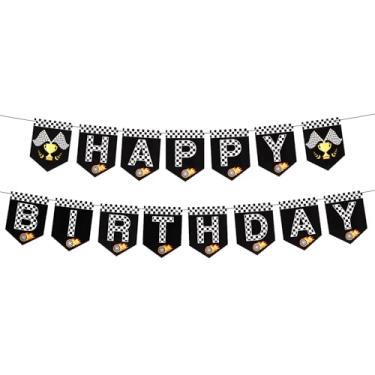 Imagem de Faixa de festa de aniversário de carro de corrida, bandeiras quadriculadas brancas e pretas de carros faixa de feliz aniversário troféu carro de corrida guirlanda de aniversário auto-montagem carros