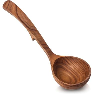 Imagem de Concha de sopa de madeira de tamanho médio com gancho traseiro, adequada para fazer sopa de cozinha doméstica e servir líquido quente, ideal para pequenas refeições e mingau diário, 23 cm