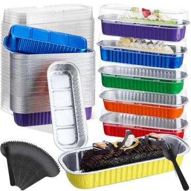 Imagem de Blushtier Pacote com 50 mini formas de pão com tampas e colheres 193 g retangulares de folha de alumínio para assar, recipientes para bolos de pão e sobremesas (cor arco-íris)