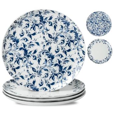 Imagem de Tcetealc Conjunto de 4 pratos de jantar de cerâmica grandes de 25 cm, pratos de sobremesa azuis e brancos, pratos chinoiserie seguros para forno e micro-ondas, pratos de salada florais redondos