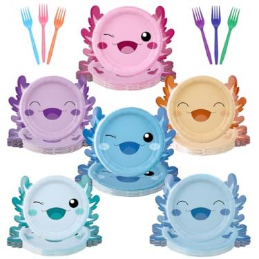 Imagem de Chanumetal 60 conjuntos de decorações de aniversário de axolotl, pratos e garfos de papel descartáveis para lembrancinhas de festa de animais de répteis para suprimentos de chá de bebê