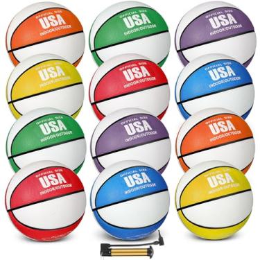 Imagem de Lenwen 12 peças de basquete de borracha, tamanho oficial, basquete, com bomba para prática de jogo, treinamento, bola de rua, presente esportivo para crianças, jovens, adolescentes, adultos, presente