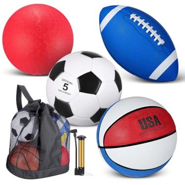 Imagem de Lenwen Conjunto de 4 bolas esportivas, inclui bomba, bolsa de equipamento tamanho oficial bola de basquete futebol playground para crianças adolescentes adultos (azul, vermelho e branco)