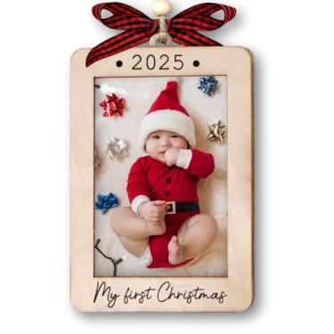 Imagem de Hangwoous Babys First Christmas Ornamento 2025, moldura de madeira para retrato, 2025, ornamentos para árvore, My First Christmas Polaroid