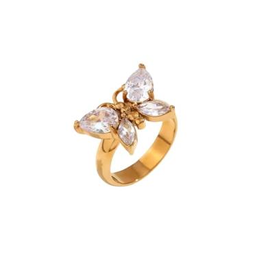 Imagem de Anel de borboleta banhado a ouro 18K para mulheres - CZ Mariposa anel de aço inoxidável impermeável - joia de ouro empilhável antimanchas para uso diário, 7, Aço inoxidável, Zircônia cúbica