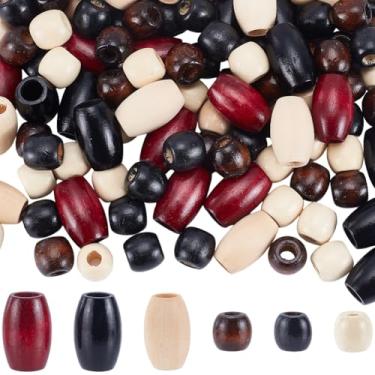 Imagem de SOFPLATE 130 peças, 6 estilos, contas de madeira com furo grande, contas de madeira macramê, preto, cinza, marrom, em forma de barril, pingentes espaçadores de artesanato natural para fazer joias