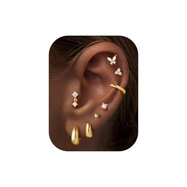 Imagem de M MOOHAM Brincos de argola hipoalergênicos banhados a ouro 14K para mulheres, aço inoxidável cirúrgico, costas planas, pequenos e grossos, argolas para cartilagem, para vários piercings de Natal, Aço