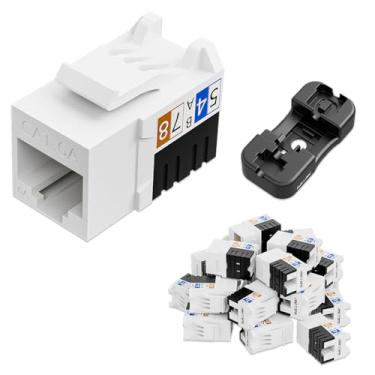 Imagem de iwillink Conector Keystone de 10 Gbps, conector Keystone RJ45, pacote com 25 e suporte perfurador Keystone, inserção de conector Ethernet modular UTP 90 graus, adaptador Keystone Punch Down (branco