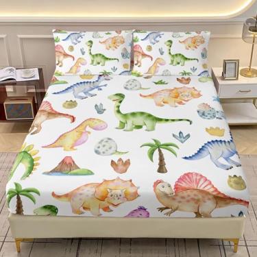 Imagem de AILONEN Jogo de lençol solteiro com desenho de dinossauro, estampa de animal dinossauro, microfibra macia, 1 bolso profundo e 2 fronhas, 3 peças