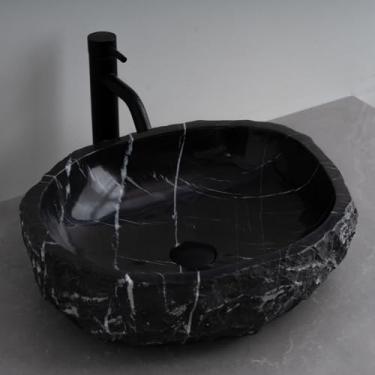 Imagem de MIDUSO Pia de embarcação de pedra irregular 100% feita à mão; pia de pedra real; pia de embarcação exclusiva; acima do balcão; pia de rocha de rio; banheiros rústicos de pias; Irre RiverStone 313