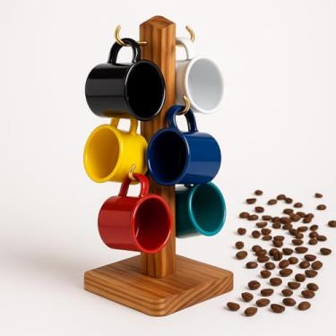 Imagem de Jogo 6 Canequinha 100ml Caneca Café Suporte Madeira Alumínio