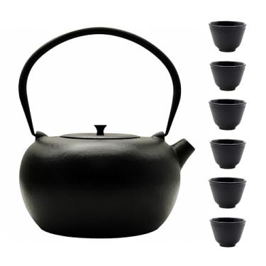 Imagem de SECHUDO Conjunto grande de bule e xícaras de ferro fundido de 1,9 g, chaleira esmaltada preta para fogão, bule de chá pesado e durável com aço inoxidável para chá solto, conjunto de chá chinês para