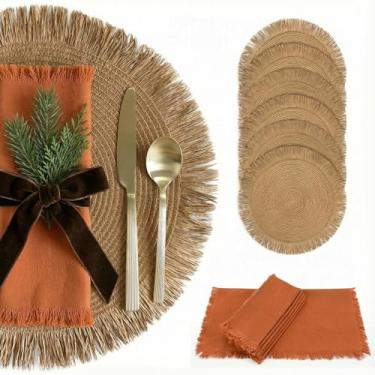 Imagem de Lindo conjunto de 6 jogos americanos e guardanapos Boho – Decoração de mesa feita à mão de algodão, serapilheira e palha para sala de jantar, cozinha ou mesas estilo fazenda