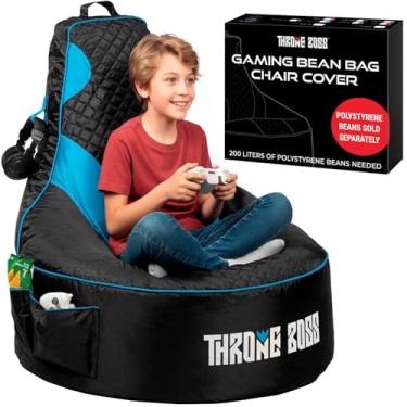 Imagem de Throne Boss Capa de cadeira de pufe de jogos para crianças com encosto alto, azul – capa de cadeira de jogos de chão, tecido fácil de limpar, bolsos laterais grandes, gancho de fone de ouvido, requer