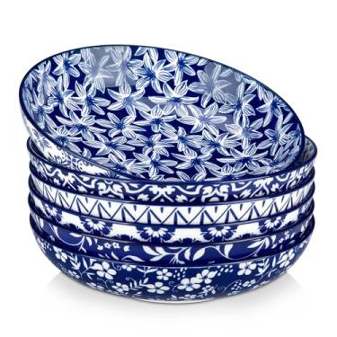 Imagem de vancasso Conjunto de 6 tigelas de massa, tigelas grandes de cerâmica de 1,417 g, tigelas largas para salada e sopa rasas, pratos de massa de 24 cm, seguro para micro-ondas e lava-louças, design floral