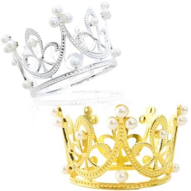 Imagem de TCOTBE 2 peças de topo de bolo de coroa mini coroa de bebê strass pérolas aniversário crianças coroa princesa coroa redonda mini bolo decoração de bolo coroas para casamento nupcial decoração temática