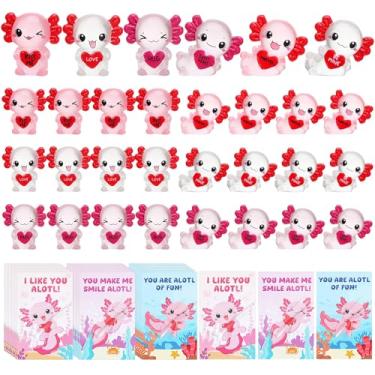 Imagem de GGSTDDUP 30 Pcs Luminous Mini Resin Axolotl, Valentine's Day Tiny Axolotl Figurines Miniature Animal Charm Ornament with 30 pcs Gifts Cards for Fairy Garden Landscape Aquarium Potted Birthday