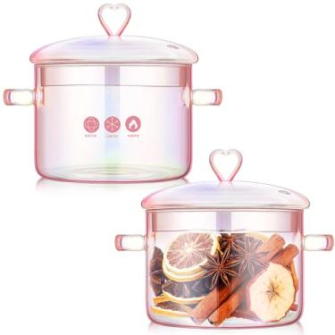 Imagem de Uiifan 2 panelas de vidro rosa para cozinhar no fogão, panela de vidro de 1,5 L/1,5 l com tampa e alça em forma de coração, panela transparente com tampa resistente ao calor para sopa, macarrão e