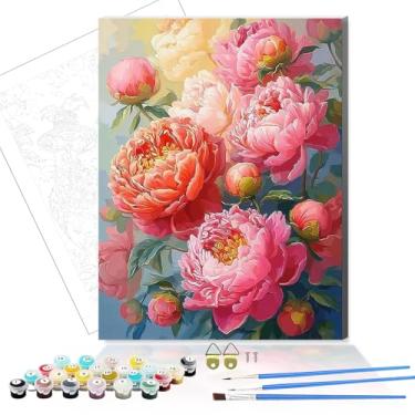 Imagem de bestact Kits de pintura de peônia emoldurada por números para adultos, pintura de flores por números com moldura para iniciantes em tela, kits de pintura DIY fáceis para decoração de parede de casa e