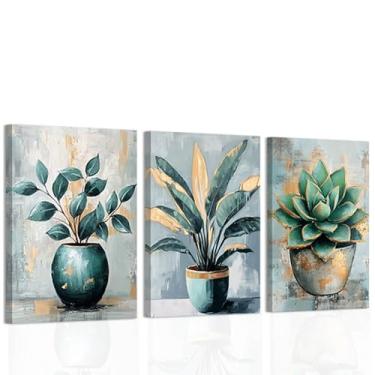 Imagem de CXHOSTENT Arte de parede em tela botânica 3 peças imagens de folhas verdes pinturas suculentas impressões de plantas sala de estar escritório quarto decoração emoldurada (28 x 3 peças)