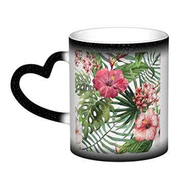 Imagem de Copo de café divertido com folhas tropicais, copo de cerâmica com mudança de cor sensível ao calor 12 Oz, para café/chá/leite/cacau, para adolescente/aniversário/festival/presentes
