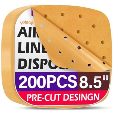 Imagem de Forros descartáveis para fritadeira a ar, forros de papel pergaminho para fritadeira a ar, forros de fritadeira perfurada premium, papel pergaminho perfurado para cesta de bambu, 200 peças, 20 cm (não