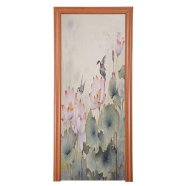 Imagem de Wassud Capa para porta, decoração grande, lótus e pássaros, 96 x 98 polegadas, faixa elástica para porta interna para varanda e porta da frente