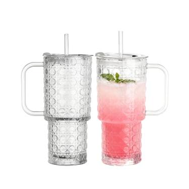 Imagem de Copo de vidro canelado de 510 g com alça e tampa - perfeito para café gelado, vitaminas, chá e suco | Copos de vidro com tampas e canudos | Copo simples moderno para bebidas quentes e frias