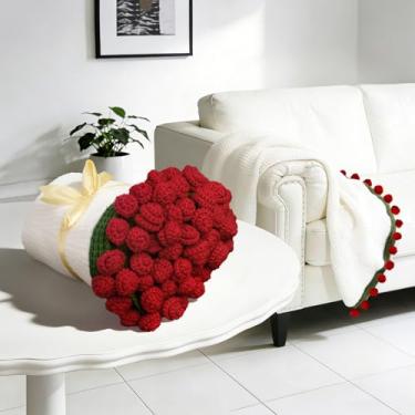 Imagem de Cobertor feito à mão com buquê de flores de rosas de crochê – 100 cm, presentes românticos macios e leves para ela, aniversário, casamento/dia dos namorados, dia das mães, decoração de casa (rosa