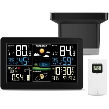 Imagem de Estação meteorológica com pluviômetro ao ar livre, estações meteorológicas domésticas sem fio internas e externas com medidores de chuva digitais, termômetro, barômetro, higrômetro, relógio atômico