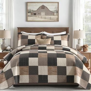 Imagem de SOElinens Colchas Queen Size – Conjunto de colcha queen com design xadrez, casa de fazenda, com fronhas combinando, 3 peças, 100% algodão, leve, conjunto de cama para todas as estações, carvão/bege