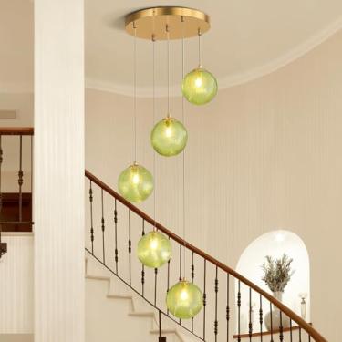 Imagem de Lustre para hall de entrada, luminária pendente para escada com pé direito alto, luminária suspensa grande em espiral para escada, luminárias modernas, luminária linear com cúpula esférica d